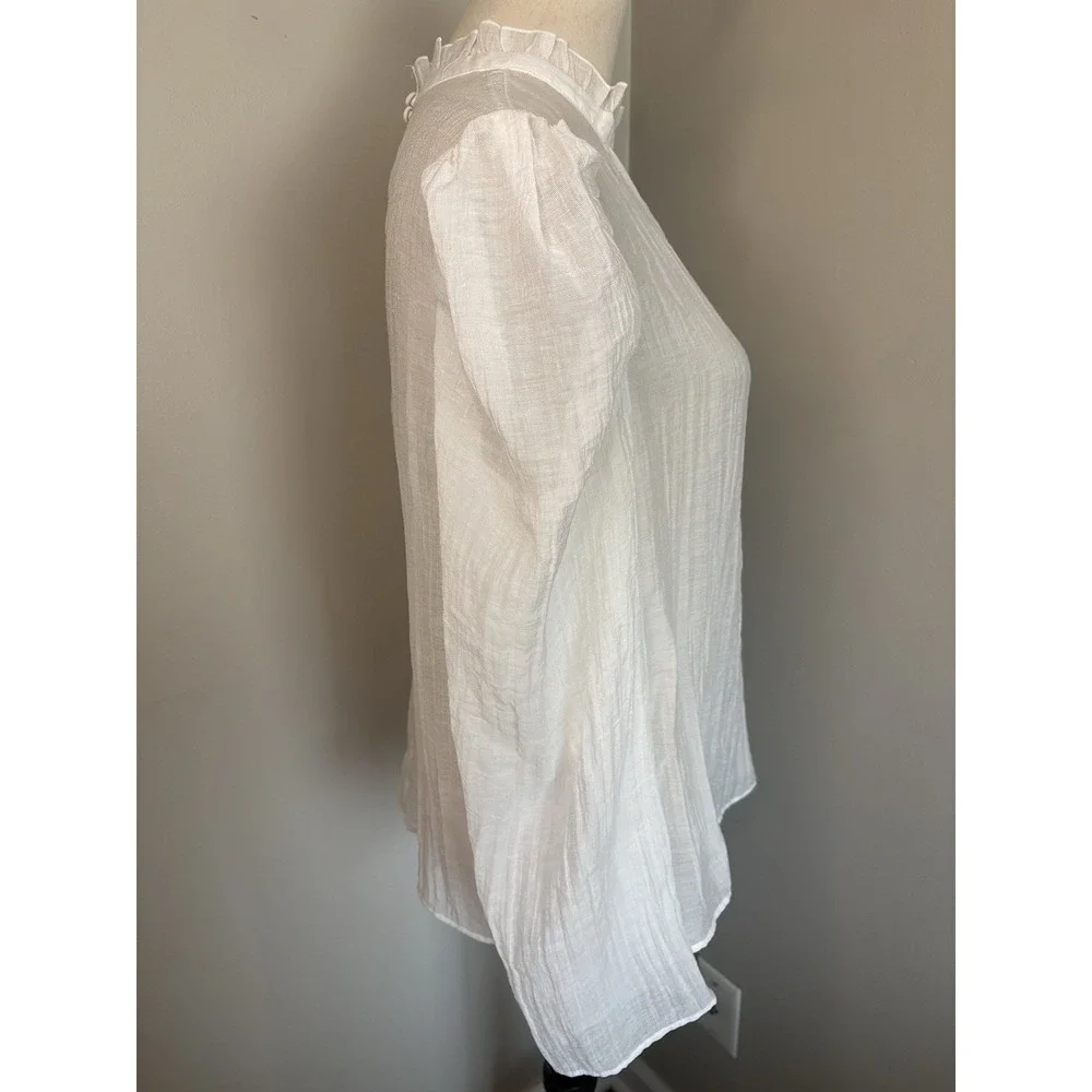 Maeve & Anthropologie White Sheer Blouse Mock Neck Puff Sleeve Gauze Size Medium
